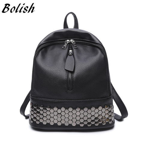 Bolish High Quality PU Leather Women Backpack Preppy Style School Backpack Black Mater Rivet Women Bag