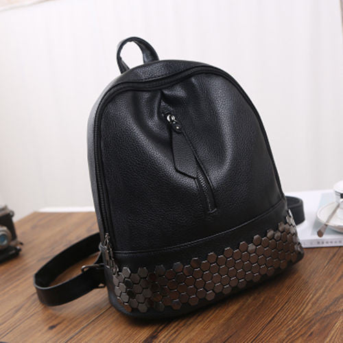 Bolish High Quality PU Leather Women Backpack Preppy Style School Backpack Black Mater Rivet Women Bag