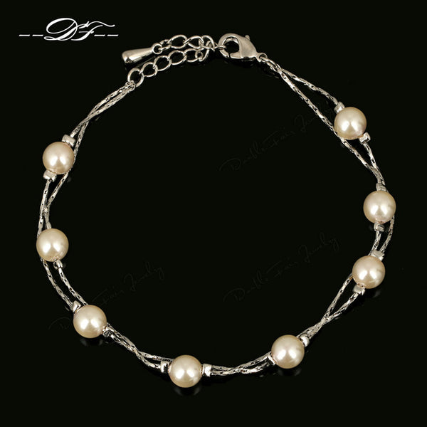 Double Fair Charm Bracelets & Bangles Silver/Rose Gold Color Fashion Simulated Pearl Beads Wedding Jewelry For Women DFH169