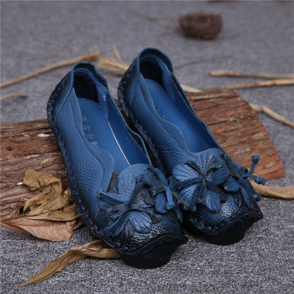 New Autumn Flowers Handmade Shoes Women's Floral Soft Flat Bottom Shoes Casual Sandals Folk Style Women Genuine Leather Shoes