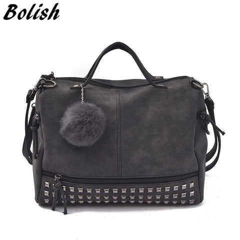 Bolish Vintage Nubuck Leather Top-handle Bags Rivet Larger Women Bags All-match Hair Ball Shoulder Bag Motorcycle Messenger Bag