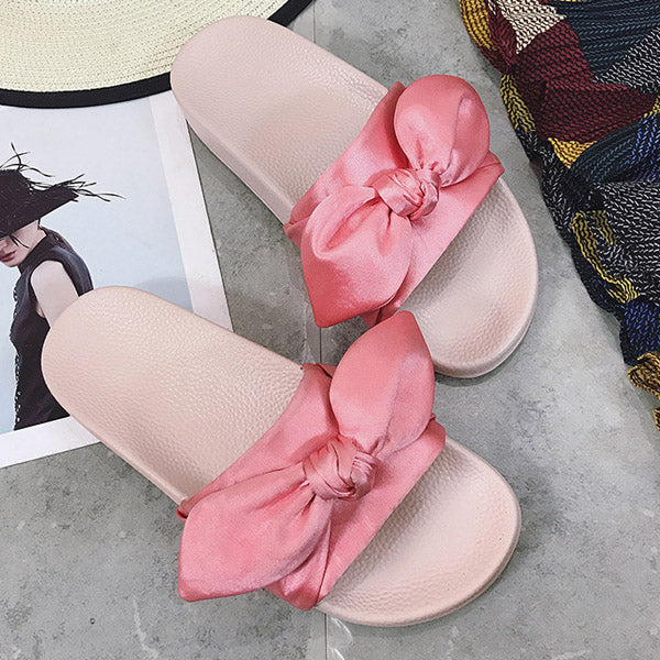 Lotus Jolly Silk Bow Slides Women Summer Beach Shoes Woman No Fur Slippers Flat Heels Flip Flops Ladies Rihanna Bohemia Sandals