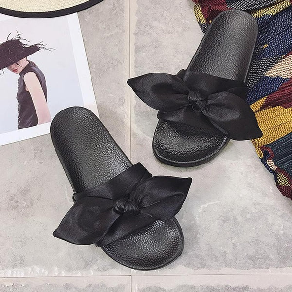 Lotus Jolly Silk Bow Slides Women Summer Beach Shoes Woman No Fur Slippers Flat Heels Flip Flops Ladies Rihanna Bohemia Sandals