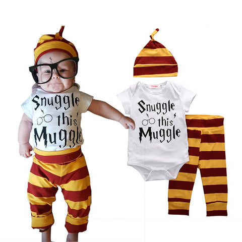 New Year 3PCS Baby Clothing Set Newborn Baby Boys Girls Snuggle this Muggle Bodysuit+Stripe Pants+Hat Outfits Clothes Sets 0-18M