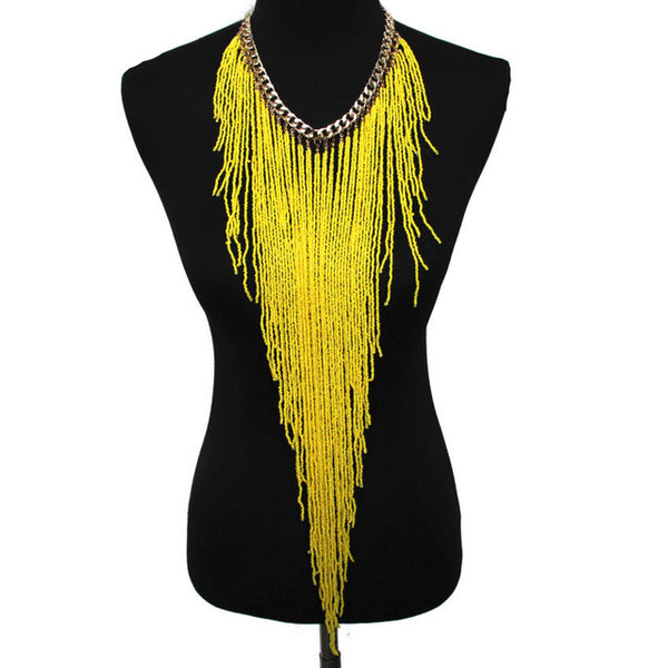 MANILAI Bohemian Style Design Women Fashion Charm Jewelry Resin Bead Handmade Long Tassel Statement Link Chain Choker Necklace