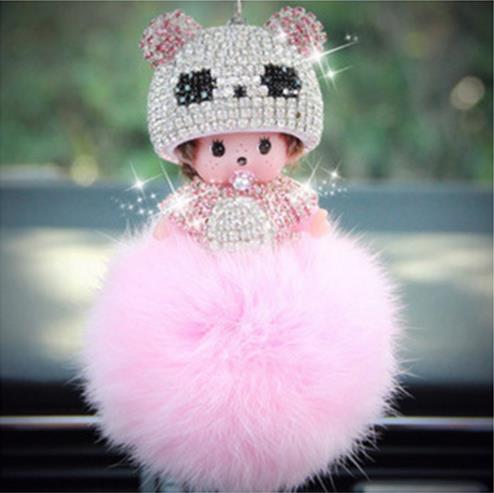 KIKI sleutelhanger real rabbit bunny fur pom pom keychain Crystal  cartoon Dolls pompom Key chain Woman bag car Charm pendant