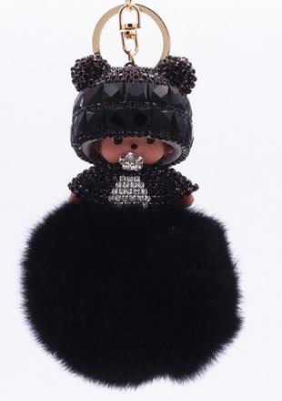 KIKI sleutelhanger real rabbit bunny fur pom pom keychain Crystal  cartoon Dolls pompom Key chain Woman bag car Charm pendant