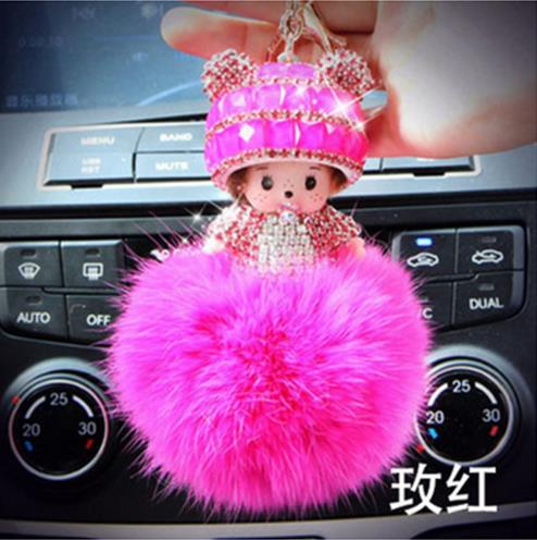 KIKI sleutelhanger real rabbit bunny fur pom pom keychain Crystal  cartoon Dolls pompom Key chain Woman bag car Charm pendant
