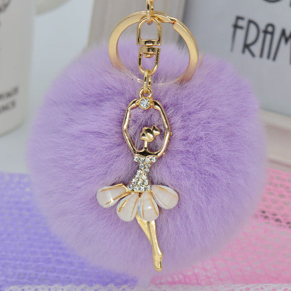 LNRRABC Fashion Women Rabbit Fur Cony Hair Dancing Angel Rhinestone Ball Pom Pom Charm Car Keychain Handbag Key Ring Pendant