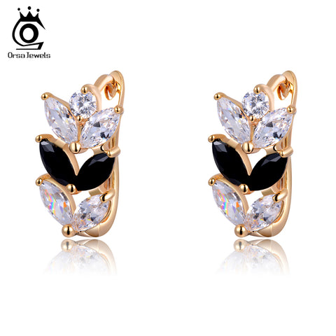 ORSA JEWELS 2017 Trendy Leaf Design Earrings Black&Clear Marquise Cut Zircon Earring Rose Gold Color for Women OME02
