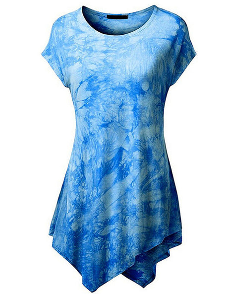 Coromose Summer t-shirt Women Print tshirt Short Sleeve O-Neck Tie-Dye Long Tunic Top Irregular Hem T-shirt Loose Female Tops