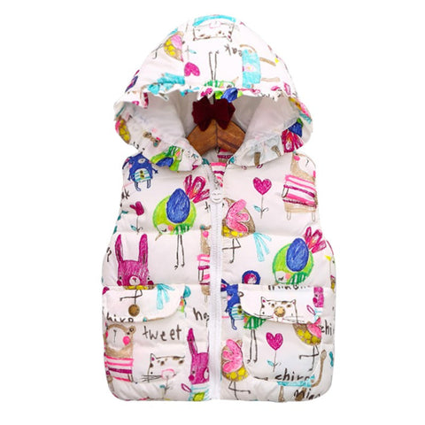 Baby Winter Coats Outerwear Animal Graffiti Thick Princess Girls Vest Hooded Kids Jackets Baby Girl Warm Waistcoat