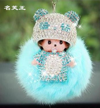 KIKI fur ball pompom plated keychain crystal Monchichi Key Chain Real rabbit Fur Pom pom Women Handbag car charm Pendant