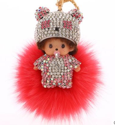 KIKI fur ball pompom plated keychain crystal Monchichi Key Chain Real rabbit Fur Pom pom Women Handbag car charm Pendant