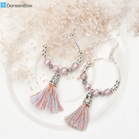 Doreen Box Handmade Earring Drop Loop beaded silver color purple Tassel Pendant earrings 7.8x3.2cm 1 pair 2016 New fashion