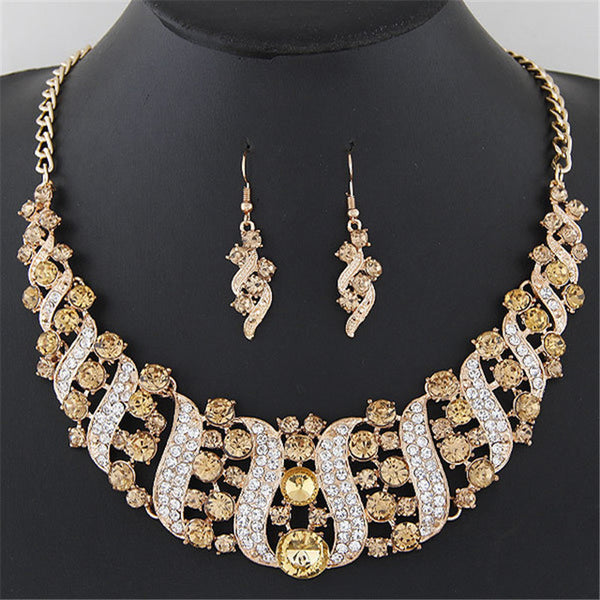 1 Set Women's Girl Gold Color Rhinestone Crystal Chain Necklace Choker Statement Dangle Drop Earrings Jewelry Set collier Party