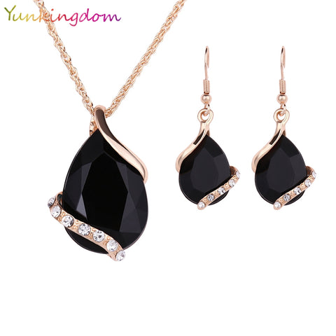 Yunkingdom Black Crystal Earrings Necklaces Sets Gold Color Jewelry Sets for Women Geometric Design Wedding Jewelry