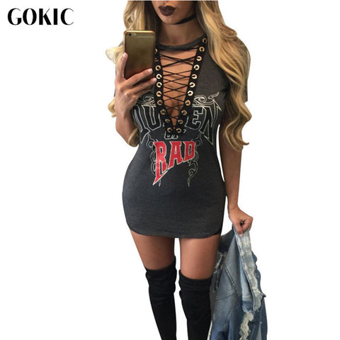 GOKIC Letter Print Sexy Short Dress Summer T Shirt Dress 2017 Women V Neck Lace Up Bodycon Bandage Party Dresses Vestidos