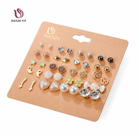 DANZE 20 Pairs/lot Punk Fashion Stud Earrings Set For Women Elegant Mixed Crystal Flower Bow metal Ball Earings Jewelry 5 Styles