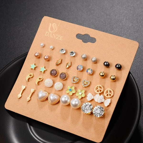 DANZE 20 Pairs/lot Punk Fashion Stud Earrings Set For Women Elegant Mixed Crystal Flower Bow metal Ball Earings Jewelry 5 Styles