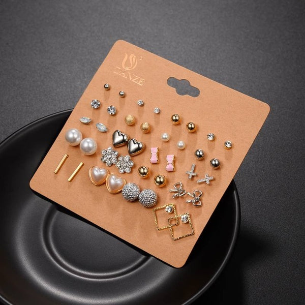 DANZE 20 Pairs/lot Punk Fashion Stud Earrings Set For Women Elegant Mixed Crystal Flower Bow metal Ball Earings Jewelry 5 Styles