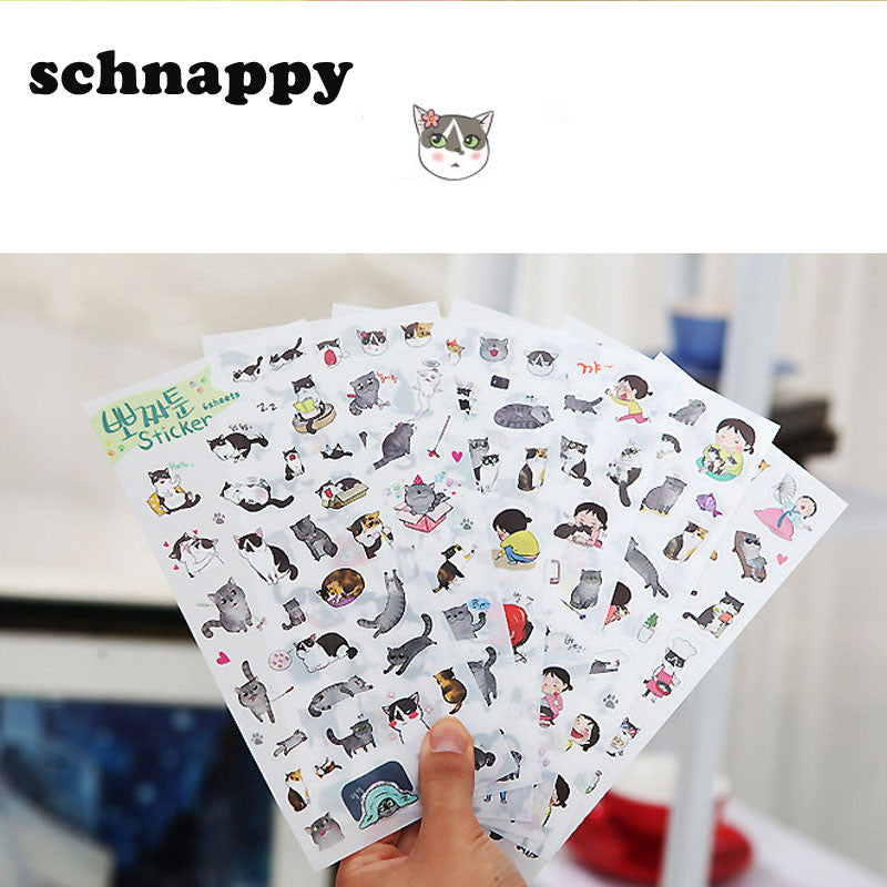 6 Sheets/set  Cute Cat PVC Stickers Creative Transparent Black and White Photo Album Diary Decoration Cartoon Scrapbooking Lable