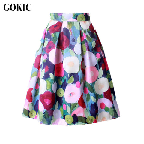 GOKIC 2017 Summer Women Vintage Retro Satin Floral Pleated Skirts Audrey Hepburn Style High Waist A-Line tutu Midi Skirt