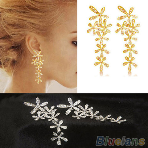 Tomtosh Women 2016 New Fashion Full Rhinestone Crystal Long Snowflake Flower Dangle Drop Tassel Earrings Gold Silver Sale