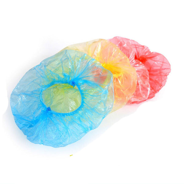 100 PCs Clear Blue/ Red/ White/ Yellow Disposable Plastic Shower Bath Caps for spa Hair Salon Happy Gifts High Quality PE