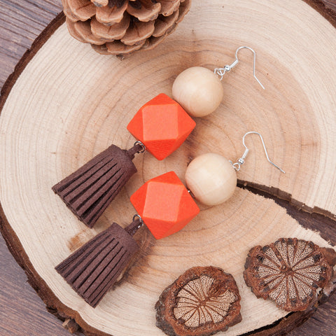 8SEASONS Women Jewelry Handmade silver color Orange Color Round Wood beaded Korea Velvet Coffee tassel Pendant earring 1Pair