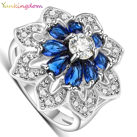 Yunkingdom Exaggerated ring white gold color wedding rings for women dark blue zirconia jewelry ALP0795