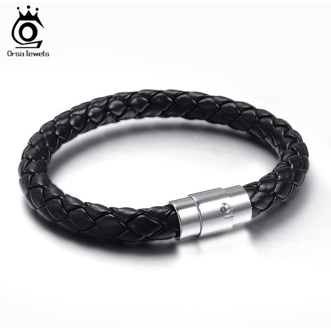 ORSA JEWELS 100% Allergy Free Fashion Jewelry Men Leather Stainless Steel Bracelets Male Retro Bracelet Personality Gift OTB08