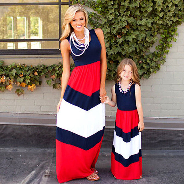 Summer Style Family Matching Outfits mother daughter dresses Contrast Color blue A-Line Dress Ankle-Length mother & kids clothes
