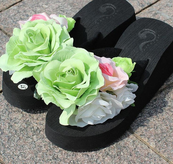 summer women flip flops mules clogs wedge flower sandals garden shoes handmade pearl slippers jelly color hawaiian beach sandals