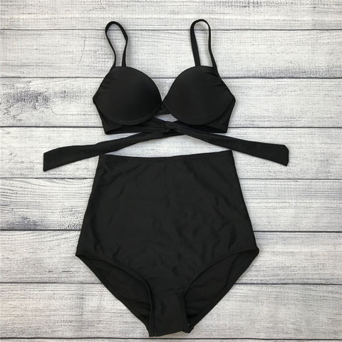 2017 Hot Retro Black Swimsuit Underwire Push Up High Waist Bikini Set Sexy Women Swimwear High Waist Bathing Suits Biquni