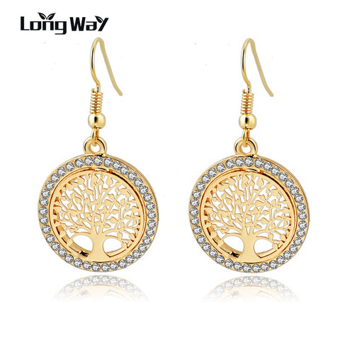 LongWay Gold Color Crystal Dangle Earring With Tree Of Life Pendant Vintage Women Jewelry Earrings Brinco Ser160008