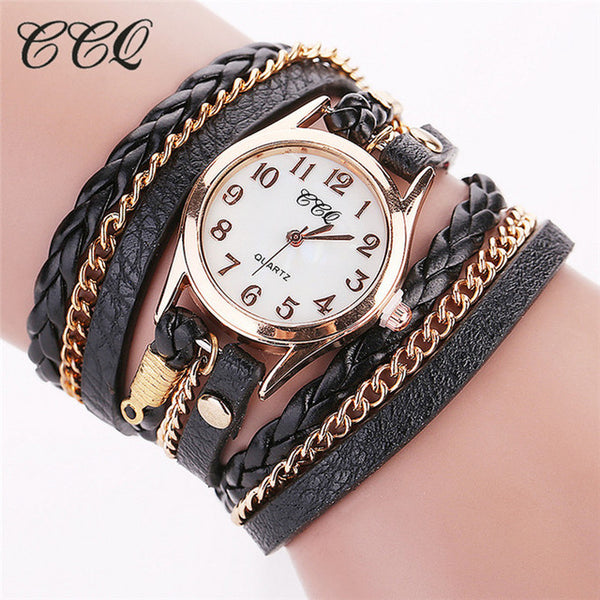 2017 CCQ Fashion Gold Chain Leather Bracelet Watch Women Casual Wrist Watch Analog Quartz Watch Clock Hour Relogio Feminino 1071