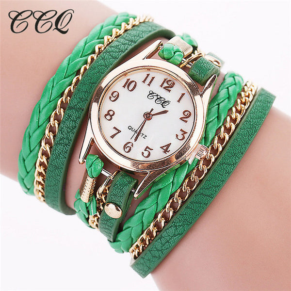 2017 CCQ Fashion Gold Chain Leather Bracelet Watch Women Casual Wrist Watch Analog Quartz Watch Clock Hour Relogio Feminino 1071