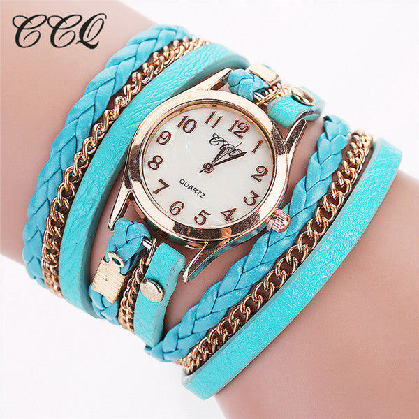 2017 CCQ Fashion Gold Chain Leather Bracelet Watch Women Casual Wrist Watch Analog Quartz Watch Clock Hour Relogio Feminino 1071