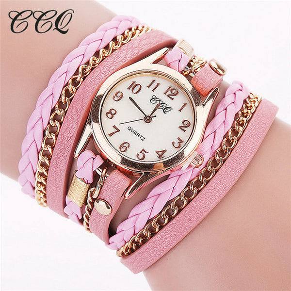 2017 CCQ Fashion Gold Chain Leather Bracelet Watch Women Casual Wrist Watch Analog Quartz Watch Clock Hour Relogio Feminino 1071