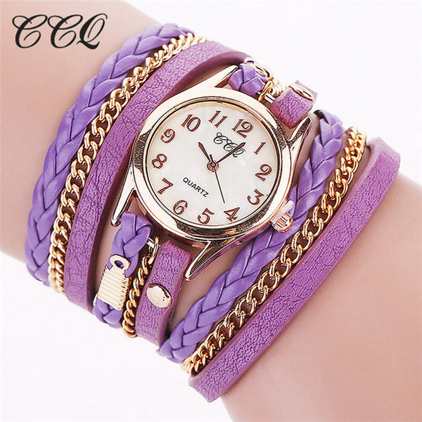 2017 CCQ Fashion Gold Chain Leather Bracelet Watch Women Casual Wrist Watch Analog Quartz Watch Clock Hour Relogio Feminino 1071