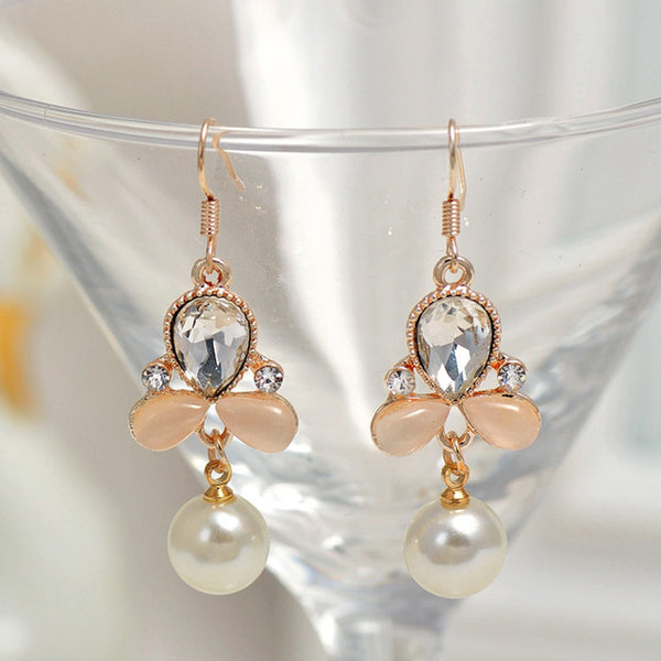 LNRRABC Crystal  Women Dangle Earrings Rose Flower Simulated Pearl Metal Long Drop Earings Ladies Wedding Party Fashion Jewelry