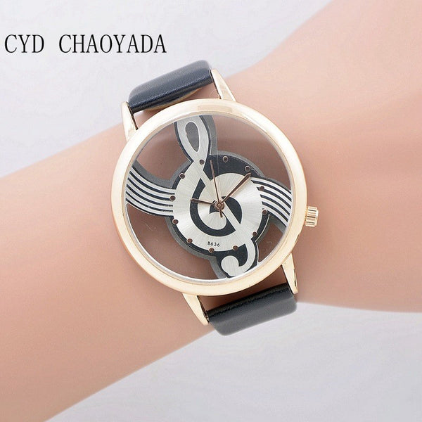 Unique watches Woman Quartz Analog Hollow Musical Note Style leather WristWatch fashion Casual watch female Relogio Feminino