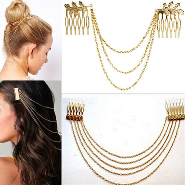 LNRRABC Women Hair Combs Metal Tassel Chain Ladies Headband Hair Accessories Clip Bridal Leaf Headwear Bijoux Drop Shipping