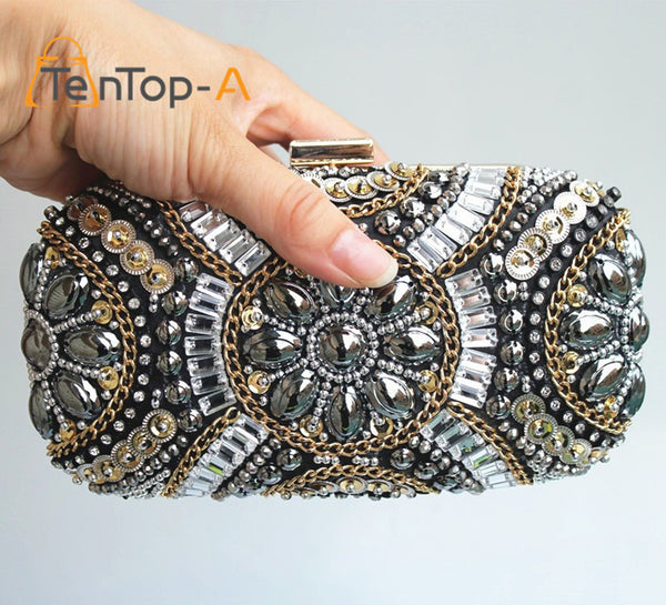 TenTop-A Women's Crystal Evening bags Retro Chain Beaded Clutch Bags Wedding Diamond Beaded Bags Rhinestone Small Shoulder Bags