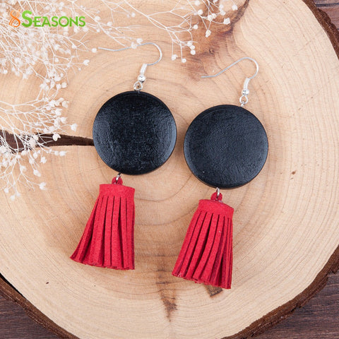 8SEASONS Women Drop Earrings Handmade Silver color Black Round Wood Beaded Korea Velvet Red Tassel Pendant Earrings 1 Pair