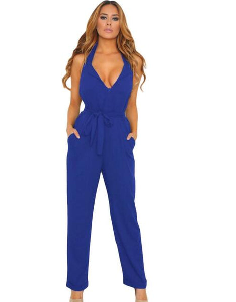 Zkess Jumpsuit Long Pants Women Rompers Sleeveless XXL V-neck 2017 Belt Solid Sexy Night Club Elegant Slim Jumpsuits Overalls