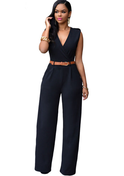 Zkess Jumpsuit Long Pants Women Rompers Sleeveless XXL V-neck 2017 Belt Solid Sexy Night Club Elegant Slim Jumpsuits Overalls