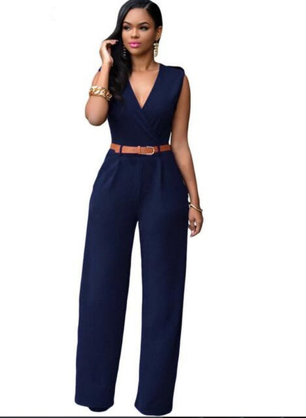 Zkess Jumpsuit Long Pants Women Rompers Sleeveless XXL V-neck 2017 Belt Solid Sexy Night Club Elegant Slim Jumpsuits Overalls