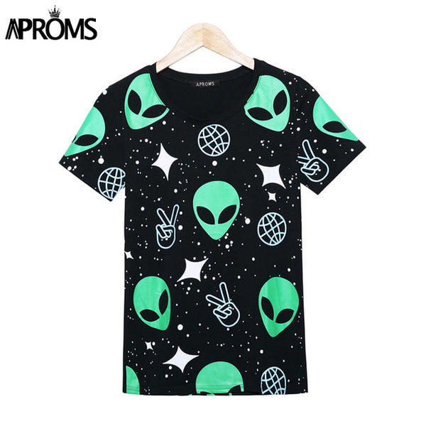 Aproms Fashion Harajuku Punk Alien ET Print Black T Shirt Women Tops Casual Short Sleeve T-Shirt Autumn Ladies Shirt